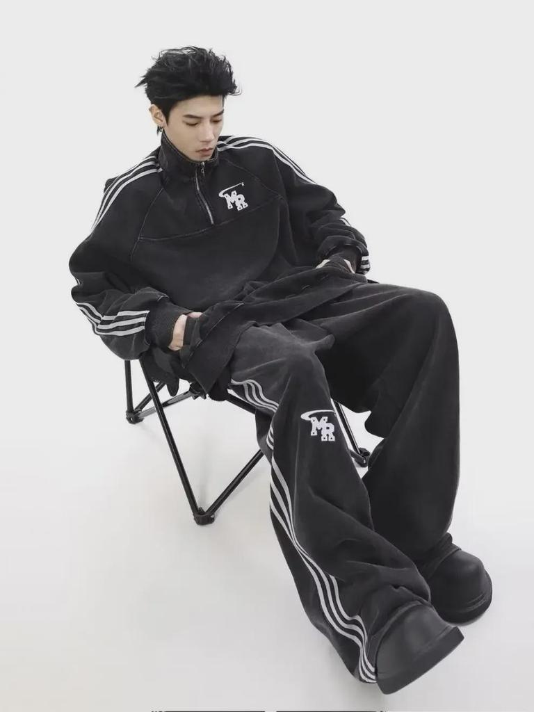 Men's Autumn American Retro Sports Suit: High-Street Stand-Up Collar Sweater and Trousers Two-Piece Set