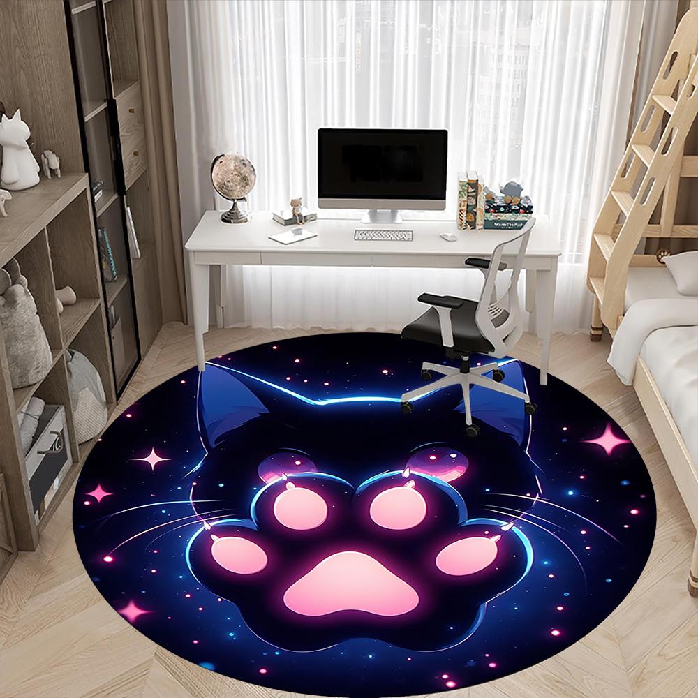 1PC NeonPaw Cat Office Round Area Rug, Indoor Mat Suitable ForOffice, Under Office Chairs Bedroom Living Room Home Decor, Room Deco, D142