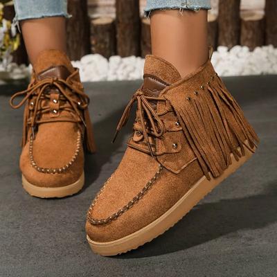 Mode Damen Flache Baumwollstiefel Winter Neu Runde Zehen Wildleder Quaste Niete Schnürung Weiche Sohle Rutschfest Abriebfest Knöchelstiefel