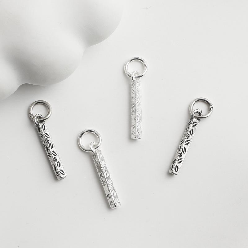 S925 Silver Leaf Square Bar Pendant Engraved Pattern DIY Bracelet Accessories