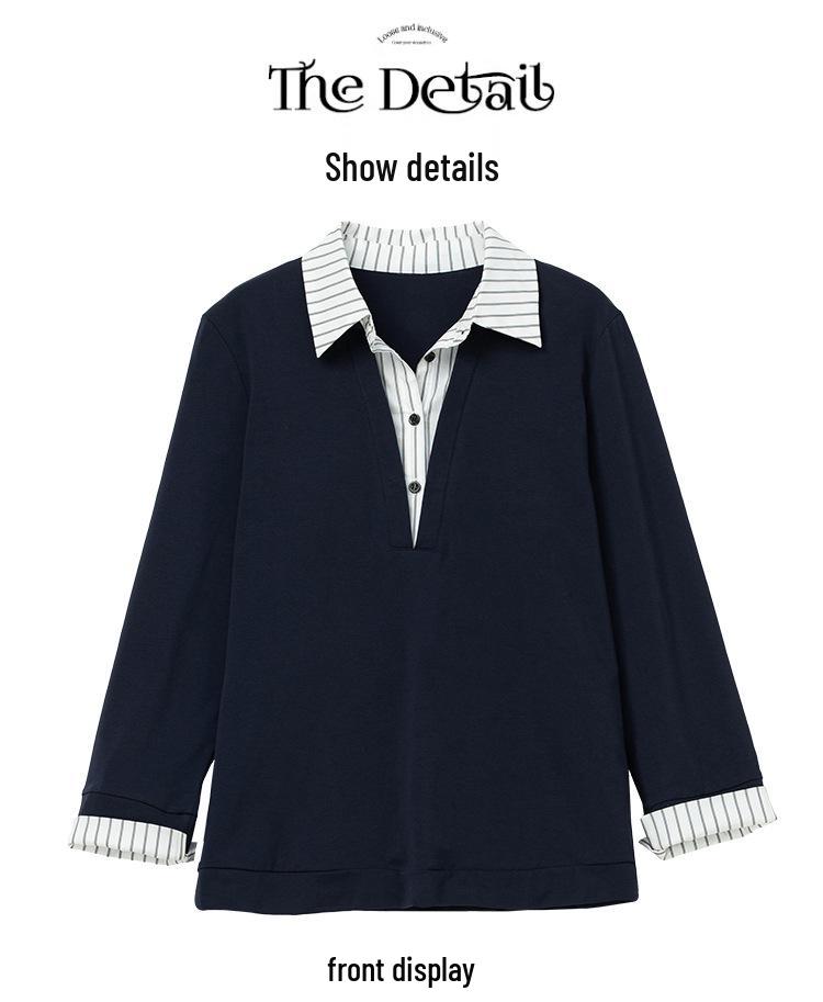 Plus Size Pure Cotton Polo Shirt - Early Autumn Long-Sleeve with Turn-Down Collar for Middle-Aged Women