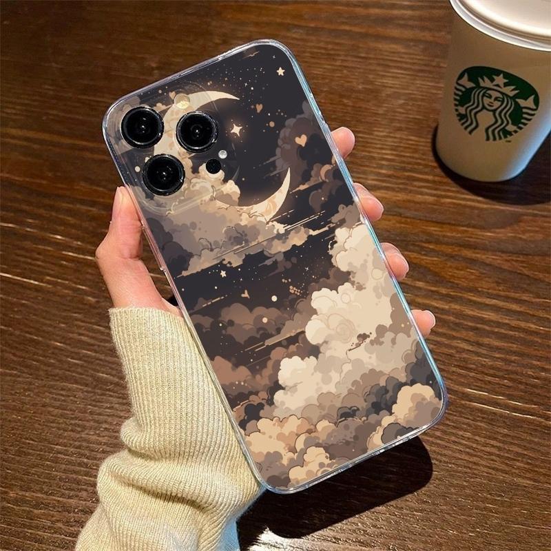 Boho Crescent Moon Stars Phone Case For iPhone 17 Air 16E 16 15 14 11 Pro Max Plus 13 12 Mini 8 7 X Transparent Shockproof Cover