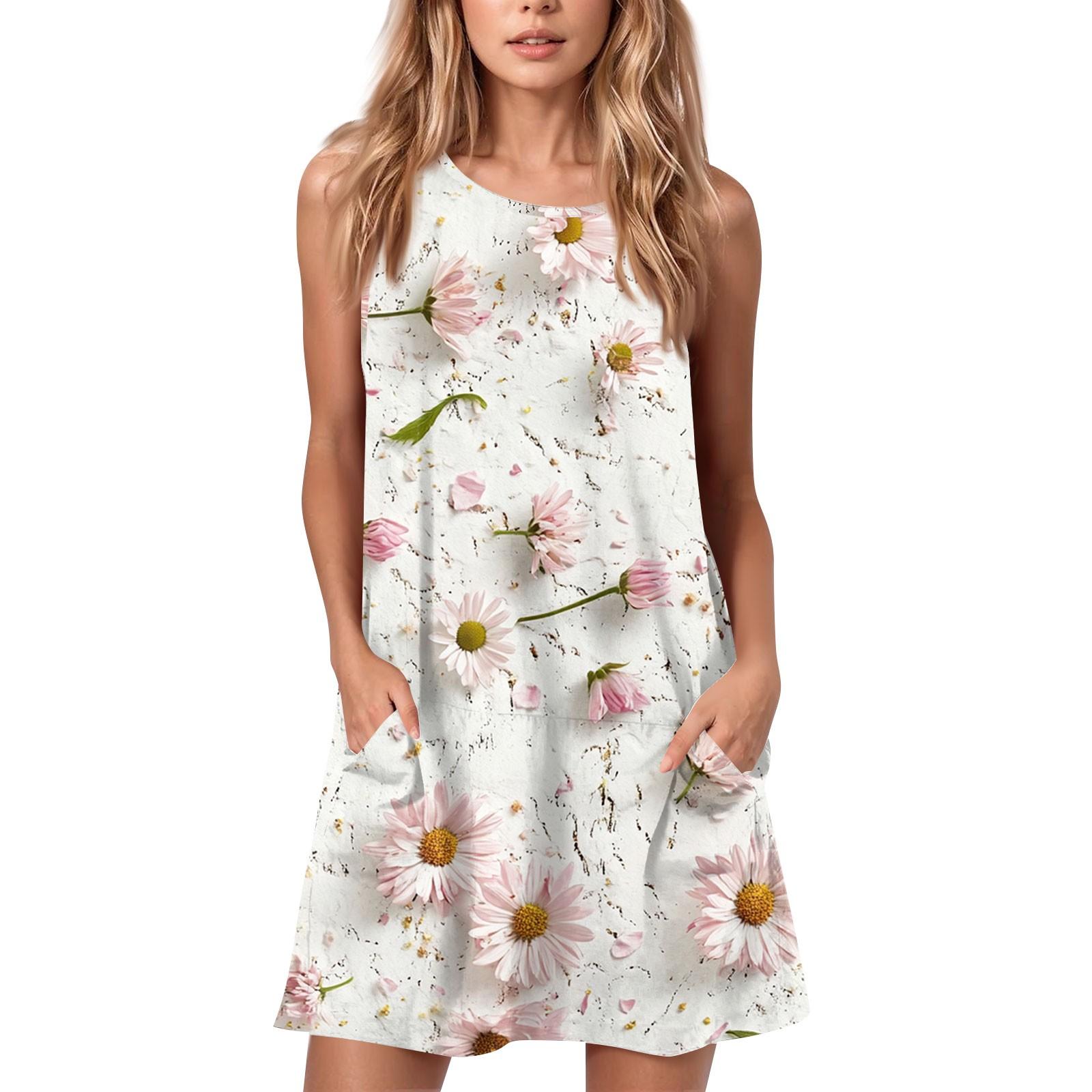 

Женское летнее повседневное платье с круглым вырезом и принтом, платье без рукавов с карманами L бежевый