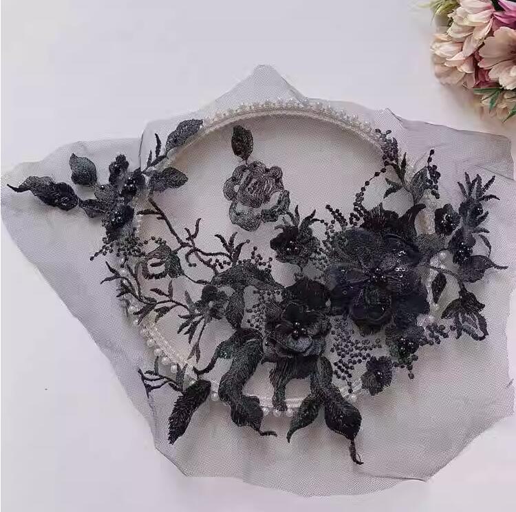 1 Piece Large 3D Lace Applique Trim Patches Pearl Purple Flower For Prom Wedding Dress Accessory Lace Fabric DIY 33*26cm