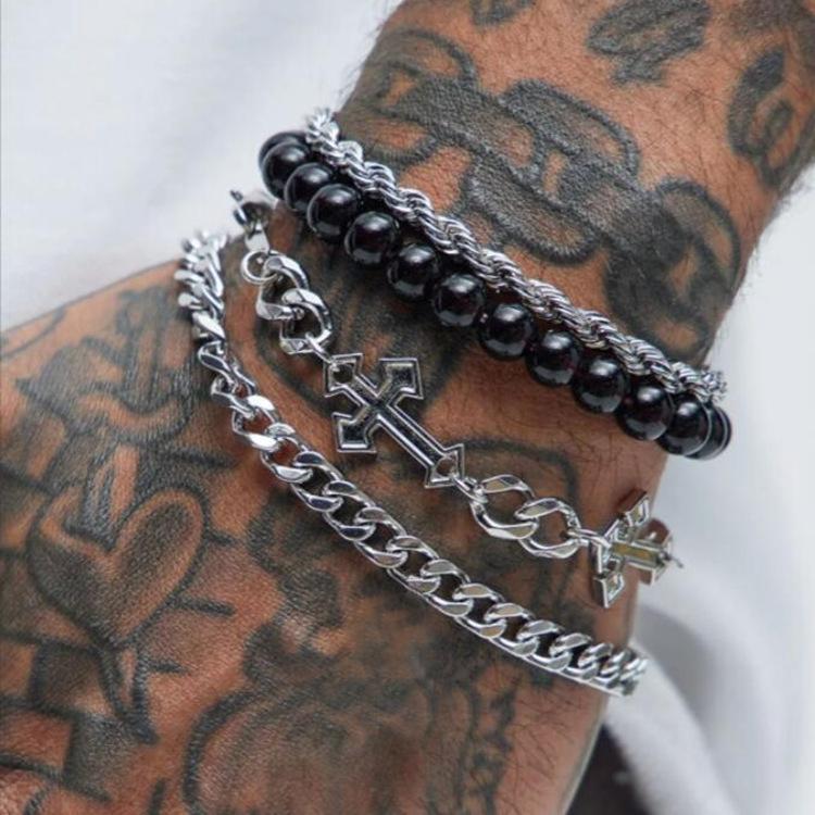 Men Double Layer Silvery Bracelet Cross Zircon Charm Punk Style Adjustable Fashion Jewelry