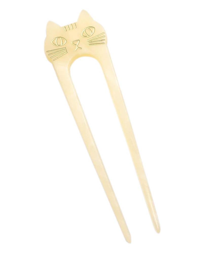 VINGTAINE Cat Motif Cat Hair Two-Pronged Hairpin, Marble, Two-Prong Accessory, H7530-IV-Ivory