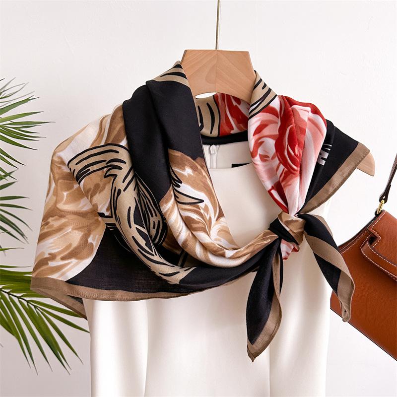 Flower 90 Imitation Silk Large Square Scarf Retro Large Printing Shawl Temperament Versatile Herringbone Scarf Headscarf Women