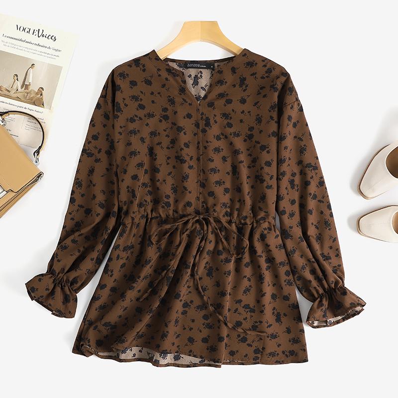 

ZANZEA Женский Повседневный V-образный вырез с длинным рукавом Цветочный принт Блузка