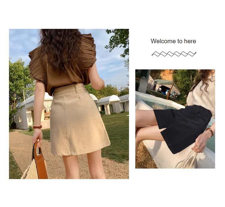 Women's Corduroy High-Waist A-line Skirt, Slimming Fit, Plus Size, Coffee Color, Short, Petite - Spring/Autumn 2024