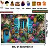 2D Vibrant Flower Stone Wall Backdrop, Blue Window Floral Cottage Party Banner