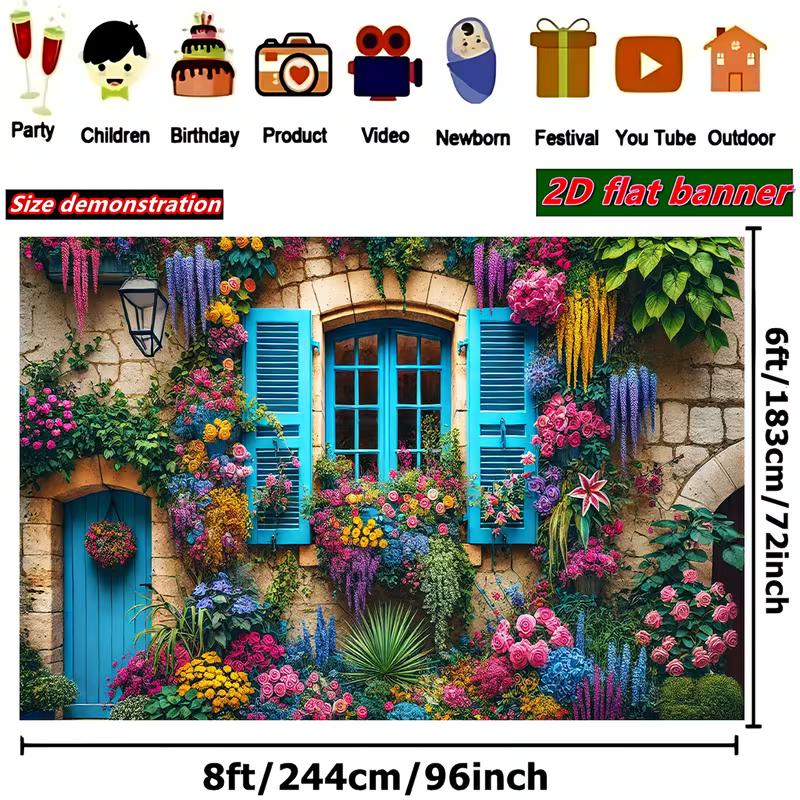 2D Vibrant Flower Stone Wall Backdrop, Blue Window Floral Cottage Party Banner