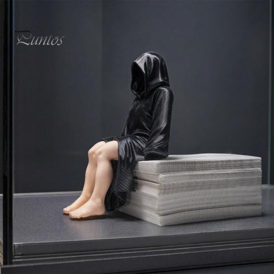 Black Robe Women Shelf Sitter 3D Printed Figurine, Sitting Hooded Female Desk Ornament Sitter, Gothic Statue for Home Office Bookshelf Decoration