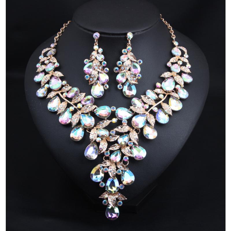 European and American Minimalist Bride Diamond Necklace Earrings Set Dress Wedding Banquet Female Accessories