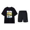 Li Ning Cartoon Trend Round Neck Short Sleeve Elastic Waist Solid Color Five-Point Pants Casual Sports Suit Unisex Suit Black YHSU221-1+YKST119-1