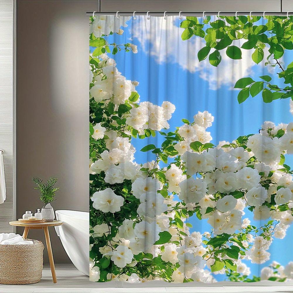 1pc Floral Pattern Shower Curtain White Roses with Blue Sky Background Natural Scenery Shower Curtain Bathroom Decoration Polyes