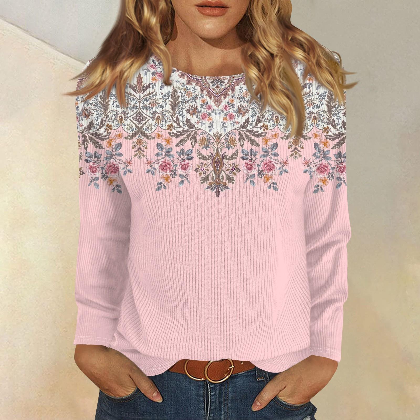 

Длинные рукава топы для женщин футболка повседневные принты топы футболка круглый вырез пуловер блузка S розовый