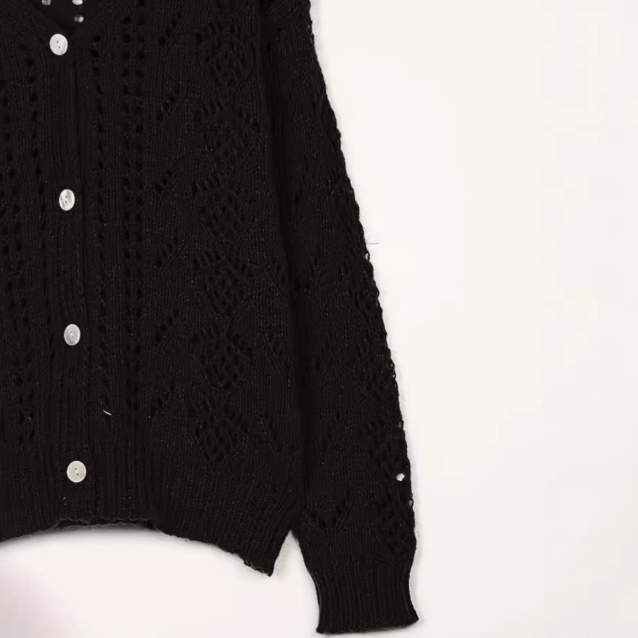 Women's Vintage Knitted Sweater Hollow Out Breathable Button Cardigan V-Neck Outer Solid Colour Top