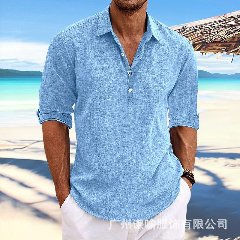 Men's Solid Color Shirt Linen Lapel Long Sleeve Casual Breathable