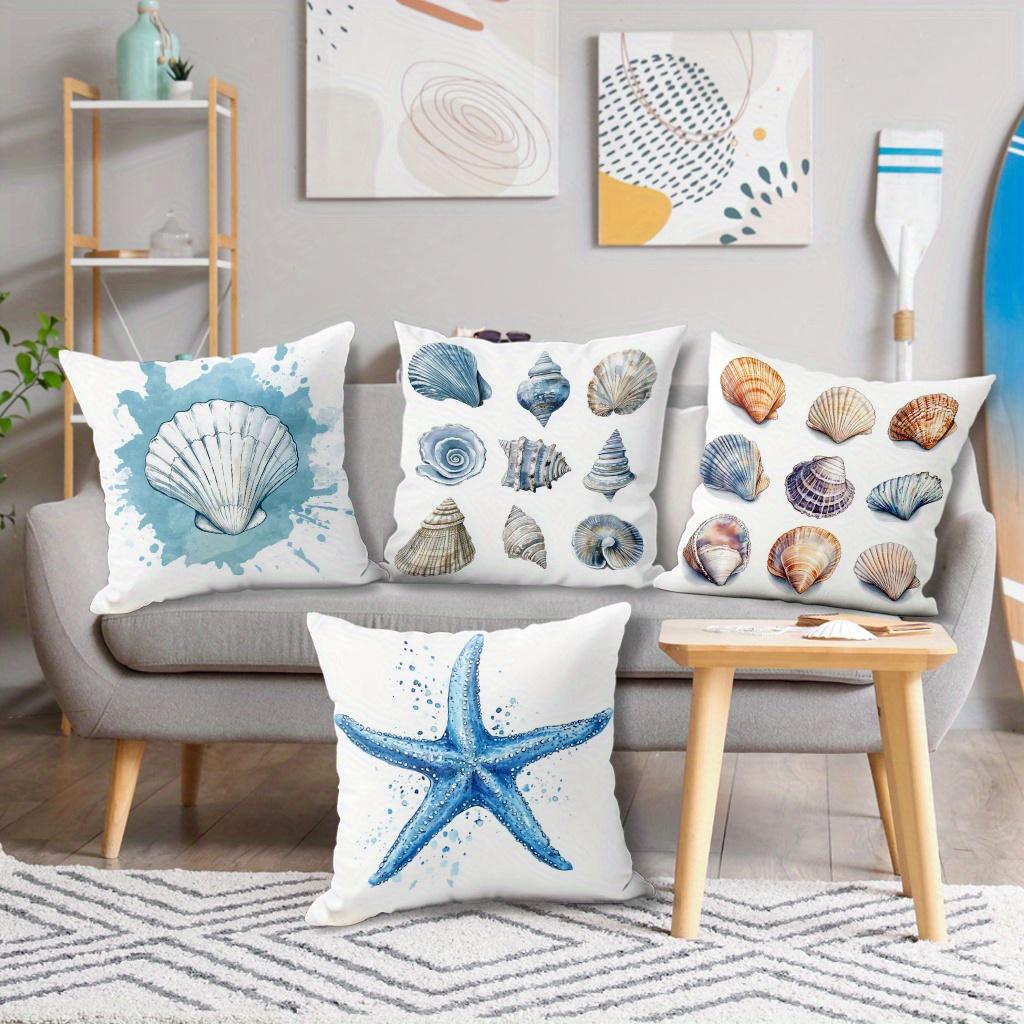 Home Decor Seashell Starfish Watercolor Pattern Pillow Covers Pattern Cushion Cover Suitable For Sofa Bedroom Car Pillow Cover