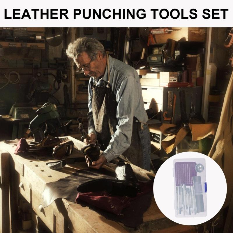 12Pcs Leather Hole Punching Set for Leather Watch Band, Belt, Hollow Hole Punching Cutter with Base and Punching Mat