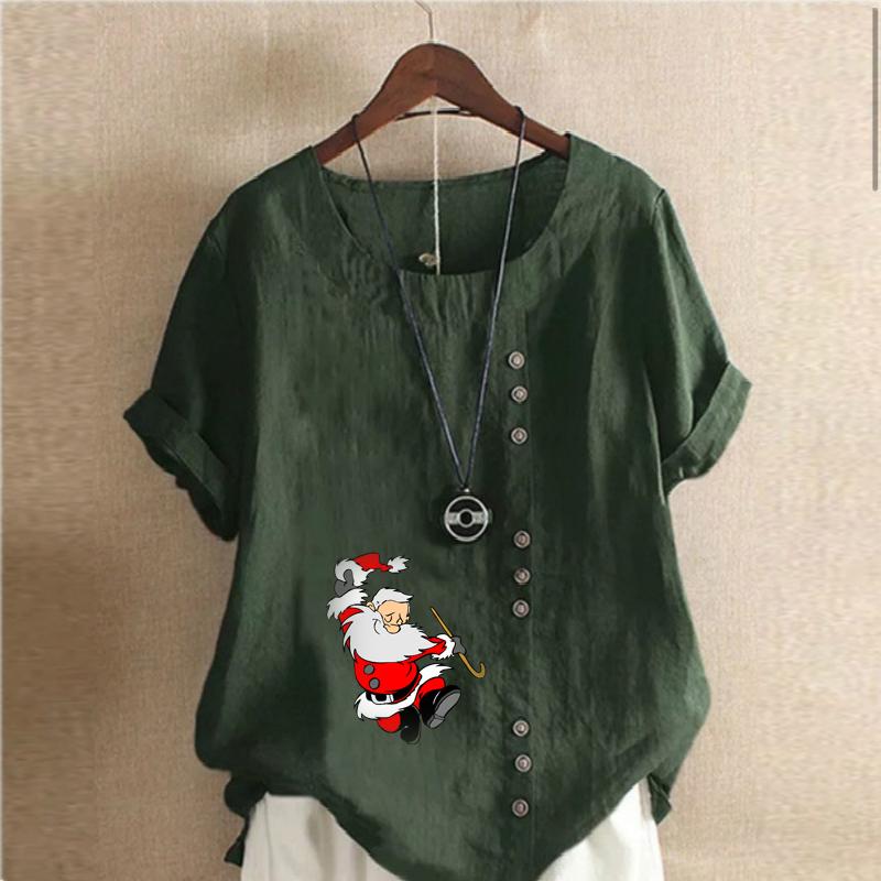 Women's Fashion Santa Claus Prined Round Neck Short Sleeve T-shirt Casual Cotton Linen Graphic Shirt Leisure Loose Summer Blouse Tops