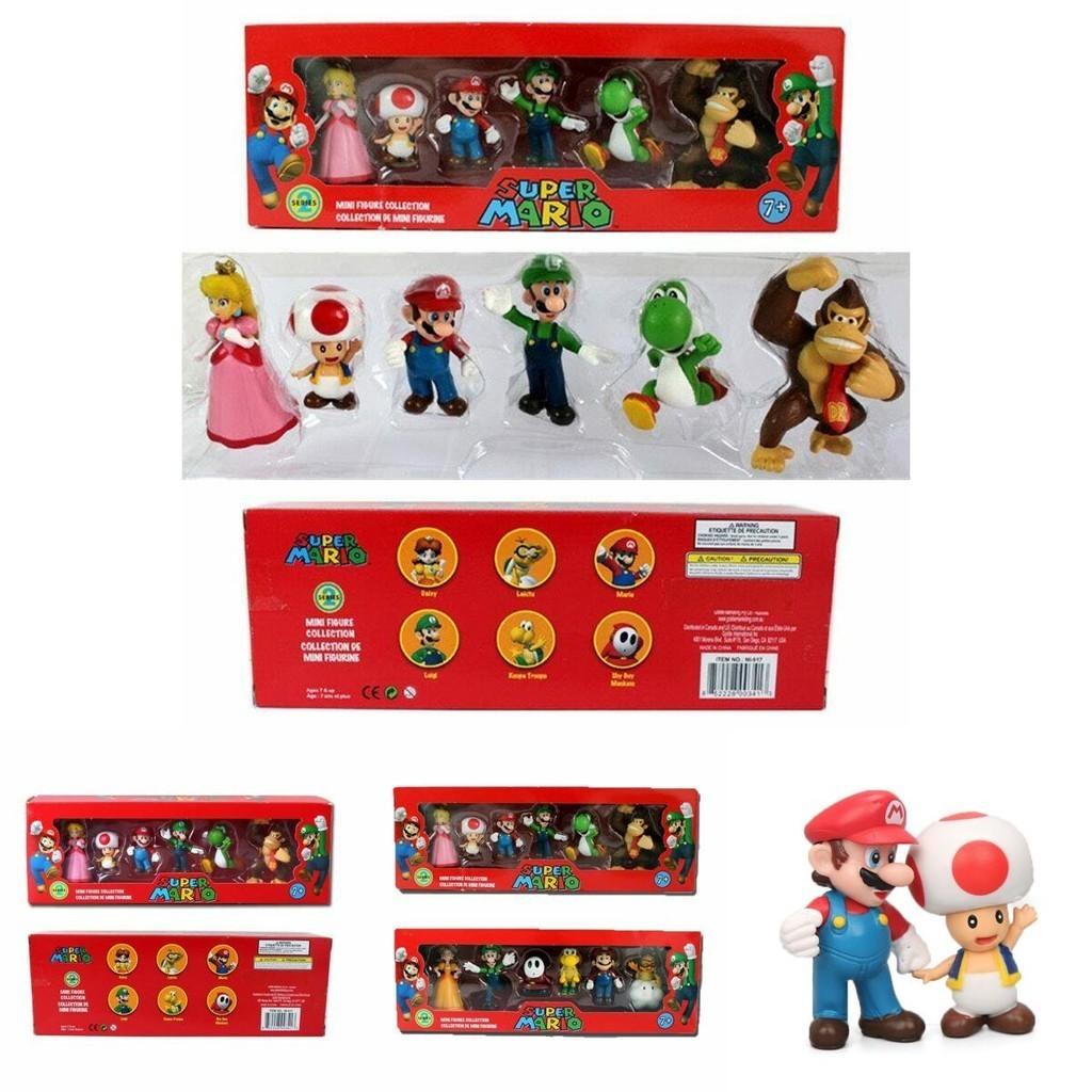 Sześcioelementowy zestaw figurek akcji Super Mario Bros z Luigi, Yoshi i grzybami kolekcjonerskimi dla dzieci