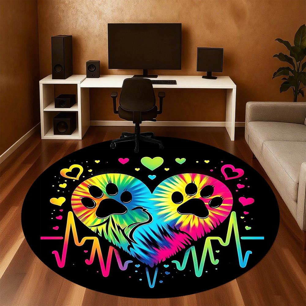 1pc Paw Print Heart Round Chair Mat Office Area Rug - Non-Slip, Floor Mat for Office, Bedroom, and Indoor Decor P127135