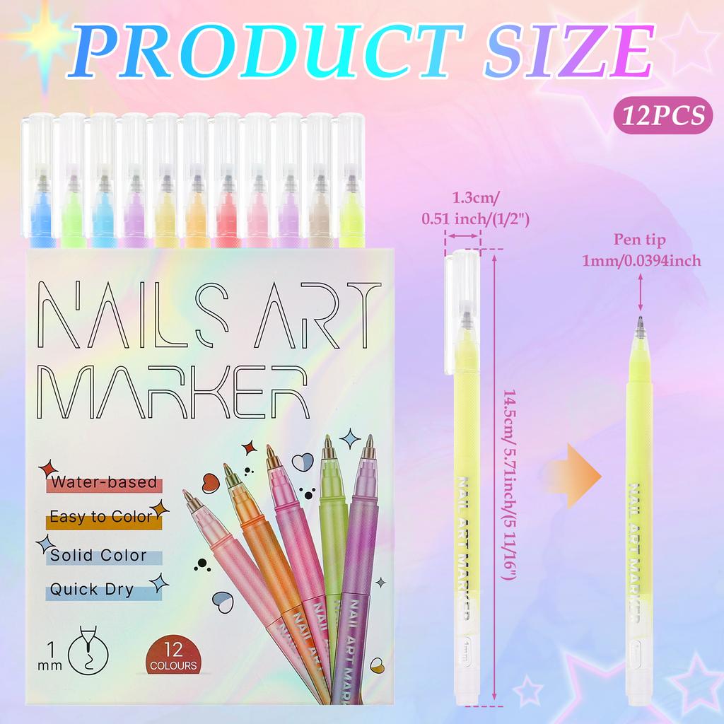 12Pcs Nail Art Pens Set 12 Colours 1MM/0.04inch Nail Art Markers Safe Manicure Markers for Graffiti Dotting Liner and Painting