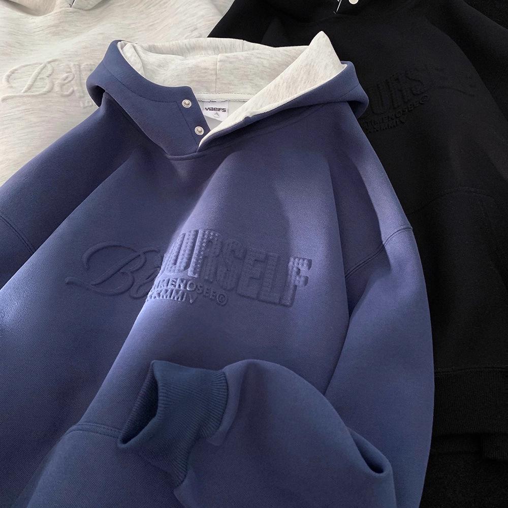 

Unisex Dark Blue Button-Up Hooded Sweatshirt, Fleece-Lined, Heavyweight, Relaxed Fit, American Style Autumn/Winter Outerwear 2XL