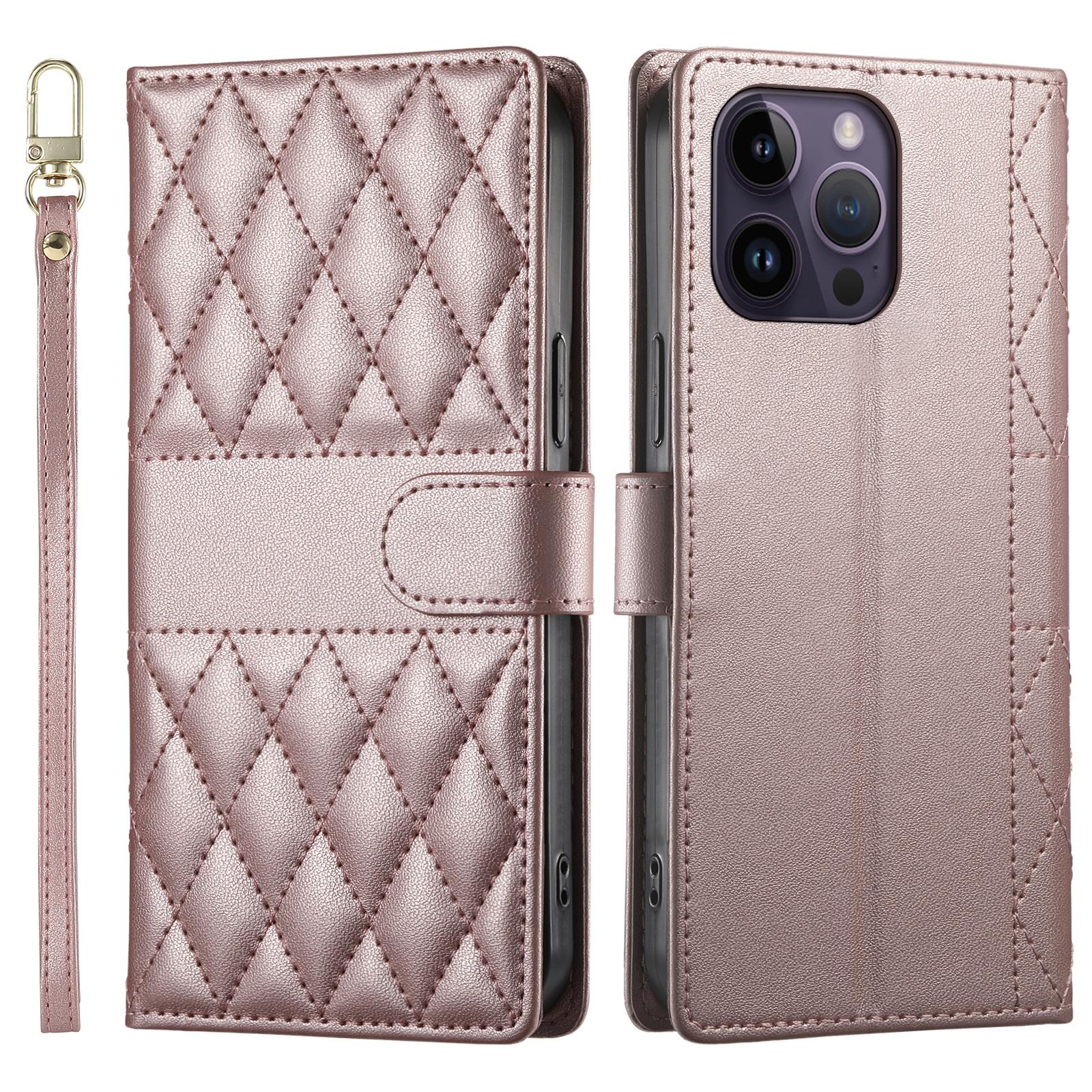 

For iPhone 14 Pro Max Case Rhombus Stitching Wallet Stand Leather Phone Cover with Long/Short Strap Rose Gold
