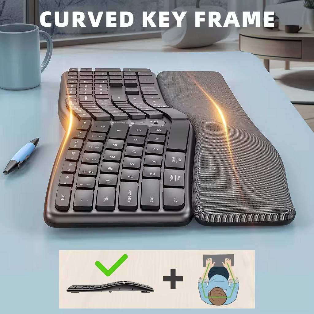 Tastatură Wireless Ergonomică 2.4G, Tastare Naturală Confortabilă, Suport pentru Palmă, Tastatură Bluetooth Reîncărcabilă Multi-Dispozitiv pentru Laptop
