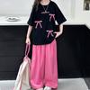 Girls' Summer Thin Short Sleeved T-shirt Two-piece Set Stylish Children's Casual Wide Leg Pants Set