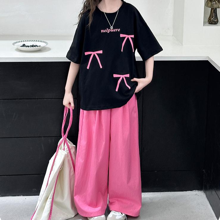 Girls' Summer Thin Short Sleeved T-shirt Two-piece Set Stylish Children's Casual Wide Leg Pants Set