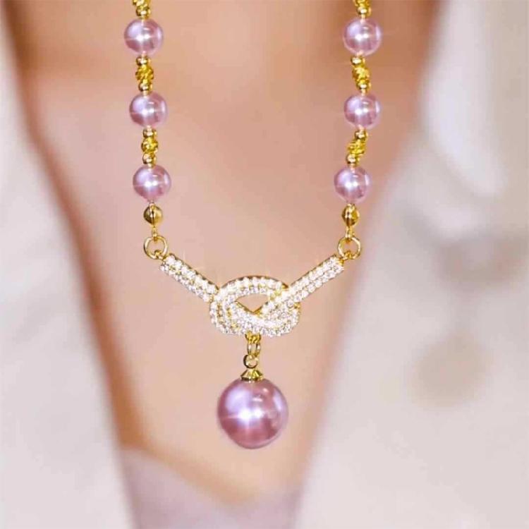 Crystal Studded Adjustable Pearls Necklace for Women Allergy Resistant Jewelry with Knot Detailing Evening Wear