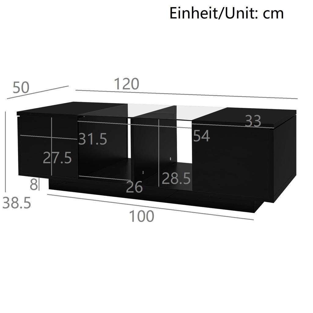 Coffee Table, LED Living Room Table with Storage Space, High-gloss Table with Glass Shelf, Modern Sofa Table with Two Doors