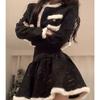 Vintage Black 2 Piece Set Skirt Woman Autumn Warm Kawaii Crop Top Coat Elegant Slim Mini Skirt Party Korea Fashion Clothing 2024