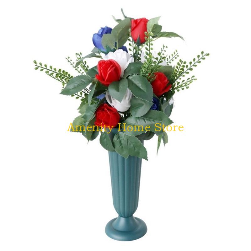 F26C Memorial Grave Flower Saddles for Tombstone Artificial Cemetery Flower Bouquets with Vase for Graveyard Decoration