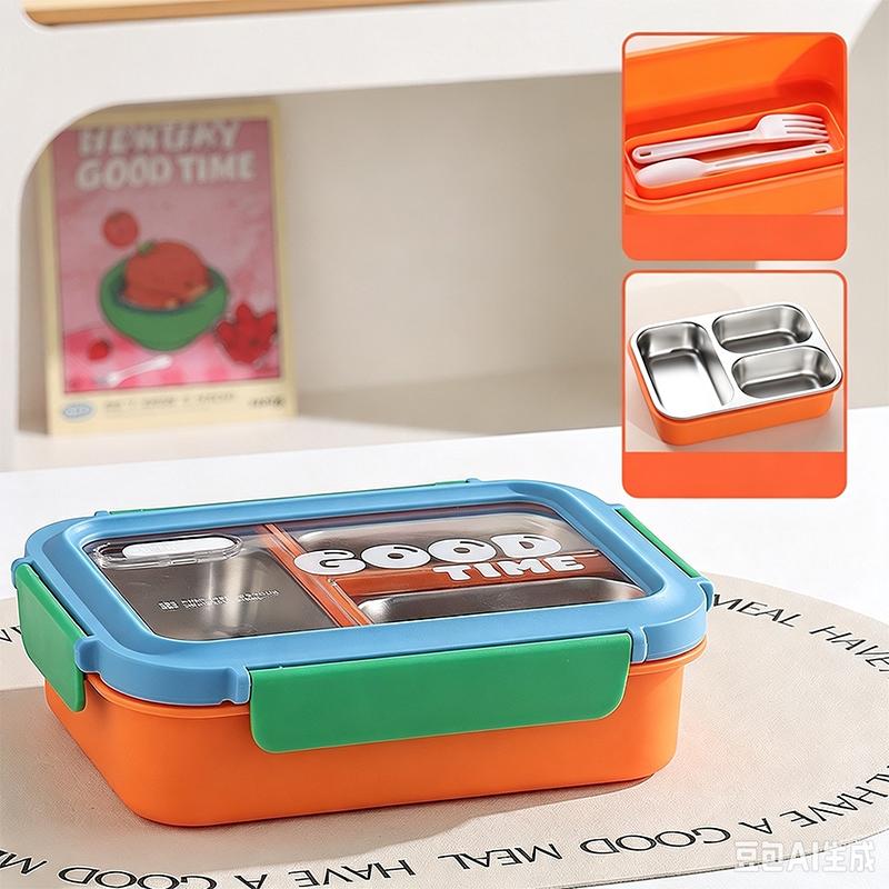 Food Grade 304 Stainless Steel Compartment Lunch Box Sealed Insulated Bento Box with Tableware for Students Office Workers
