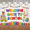 Back to School Rainbow Balloon Backdrop Stationery Pencil Ruler Backpack Globe Kids First Day of School Party Photo Backgrounds
