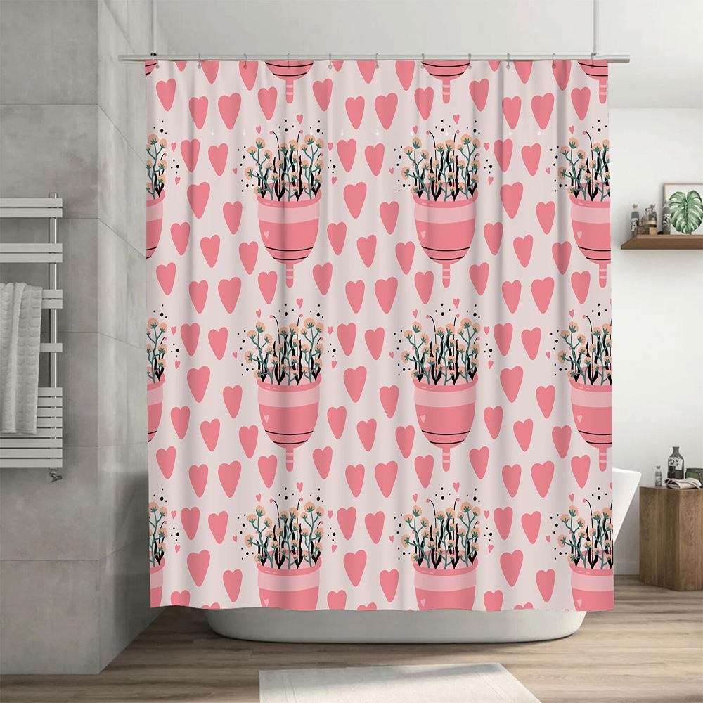 Bathroom Decor: Pink And White Flower Shower Curtain With Heart Pattern Durable Waterproof Fabric For Home Bathroom Accessories