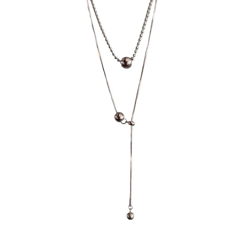Personality Design Silver Color Stainless Steel Beaded Ball Pendant Necklace For Women Double Layer Hip Hop Rock Chokers Jewelry