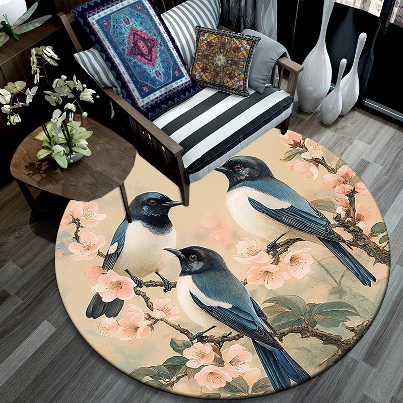 Birds On Branches Round Area Rug,Carpet Rug for Living Room Bedroom Sofa Playroom Decor,Non-slip Floor Mat