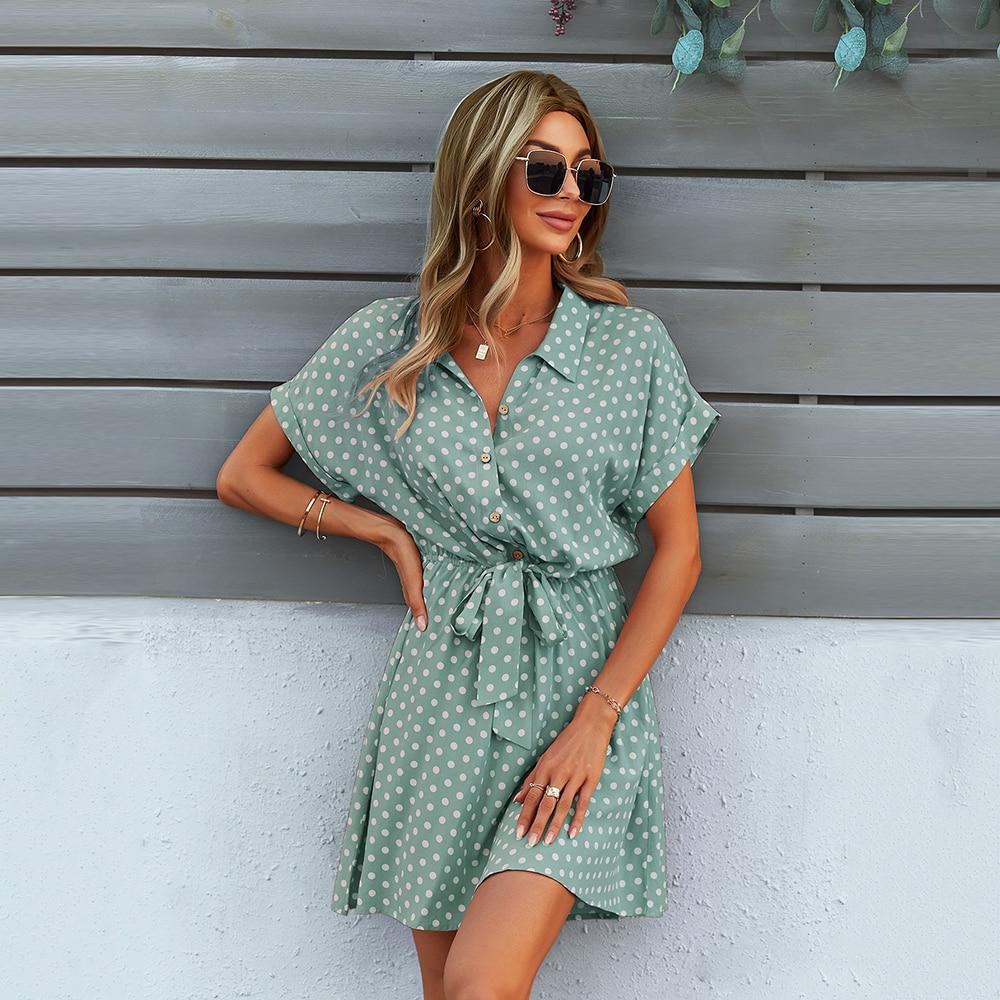 Dresses Office Lady Boho Dot Pattern Women Clothing Black Viscose Bow-Knot Outfits Loose Soft Casual Dress