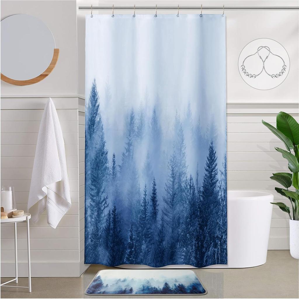 Green Shower Curtain for Bathroom Misty Forest Pattern, Nature Woodland Artistic Shower Curtain Set with Metal Hooks, Waterproof