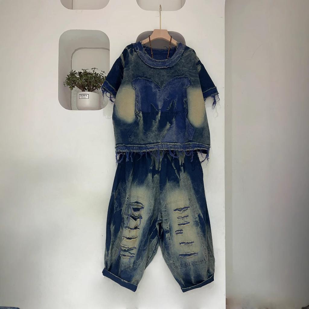 Personalized contrasting colors make old denim rough edge short-sleeved tops Harlan pants two-piece set women's summer style foreign style fashion