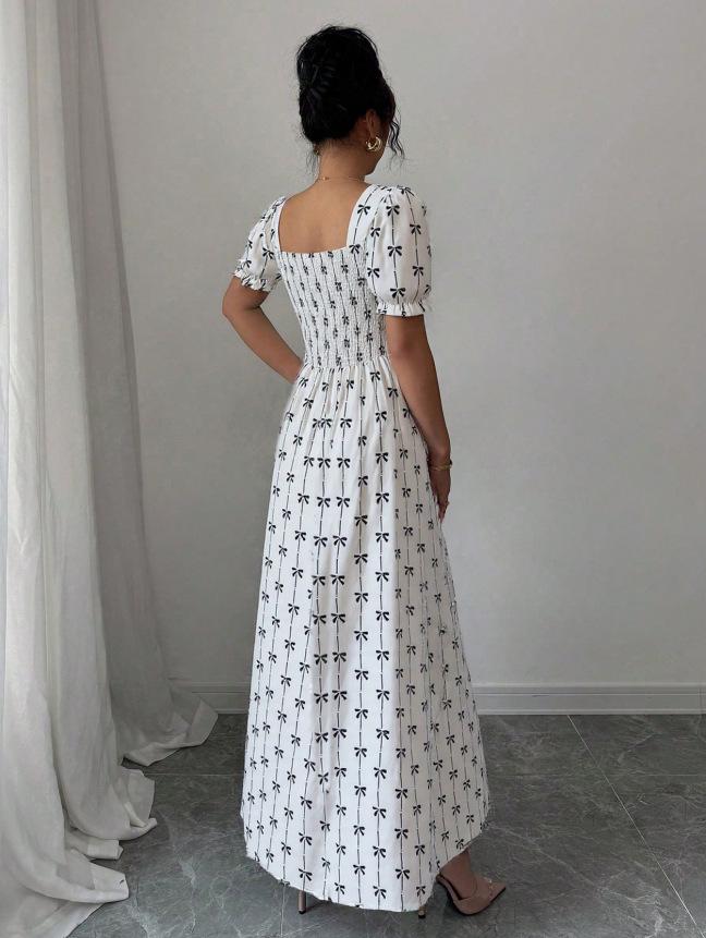 2026 Women's Summer Floral Print Puff Sleeve Square Neck Dress - French Style Holiday Tea Party Skirt