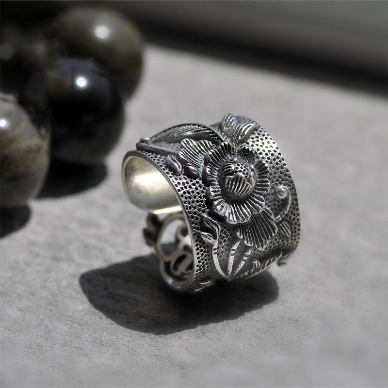 Adjustable Open Ring Men Women Vintage Floral Design With Peony Lotus Motif Plated Wide Band Statement Jewelry