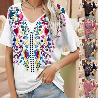 Damen Urlaubs Boho V-Ausschnitt Blusen Hemden Tops T-Shirt Große Größen Damen Sommer T-Shirt