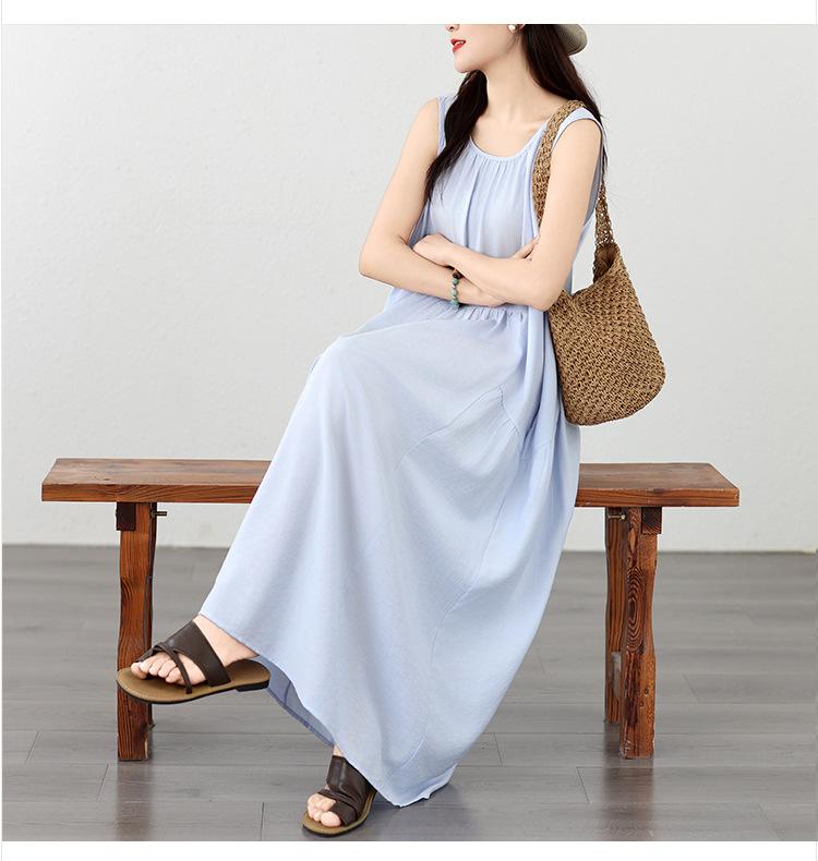 Elegant And Laid-back Style, Large Sleeveless Cotton And Linen Round-neck Vest Dress