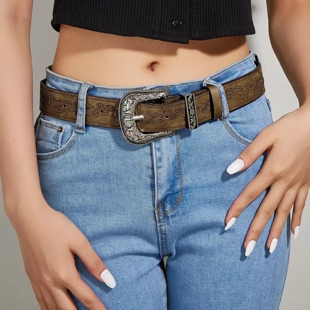 Fashion Hip Hop Y2K Pattern Belt Adjustable Engraved Rose Pattern Western PU Leather Belt Waist Belt Women Jeans Decoration